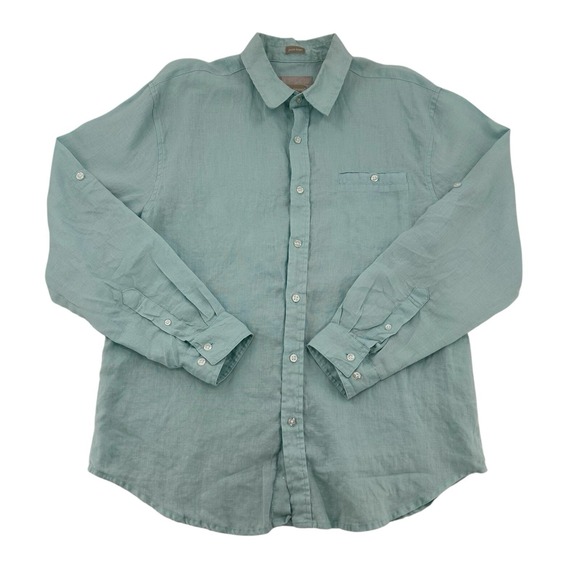 Bruno Pure Linen Mandarin Button Down Roll Tab Sleeve Blue Vacation Shirt Mens L - Picture 1 of 8